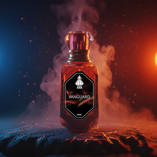 Vape device with 'AURA Vanguard' label on a fiery background