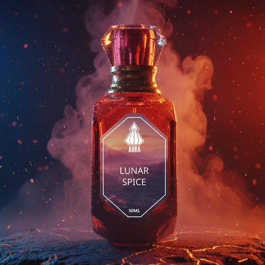 Bottle of 'Lunar Spice' with 'AURA' branding on a dark background with smoke effects.