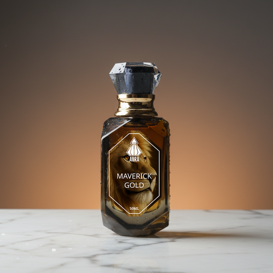 Bottle of Maverick Gold on a marble surface with a gradient background