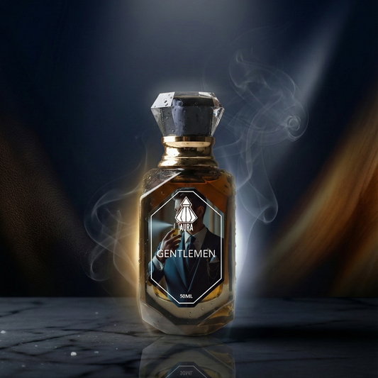 Perfume bottle labeled 'Gentlemen' with a dark background and smoke effect