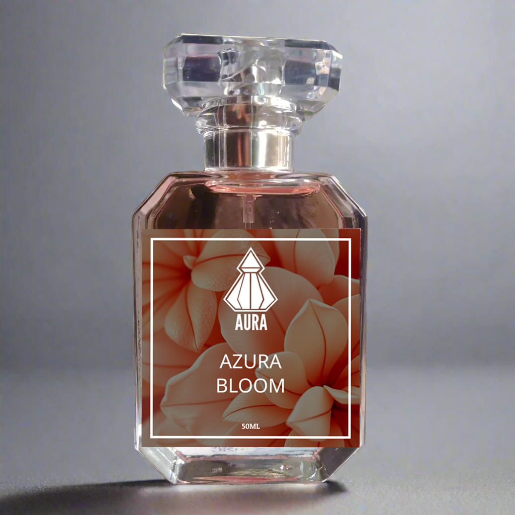 Perfume bottle labeled 'Aura Azura Bloom' with floral design on a gray background