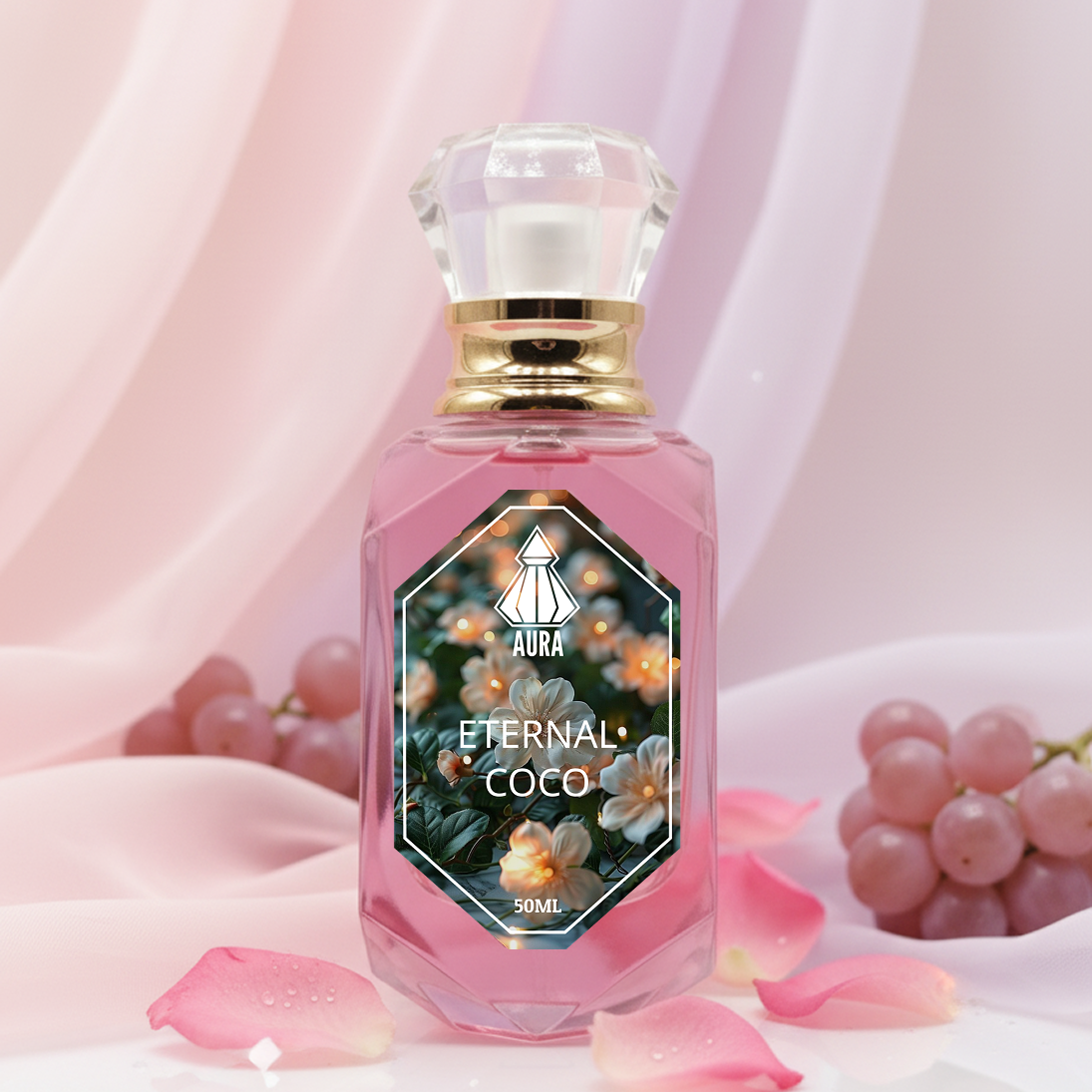 Bottle of 'Eternal Coco' with decorative elements on a soft pink background