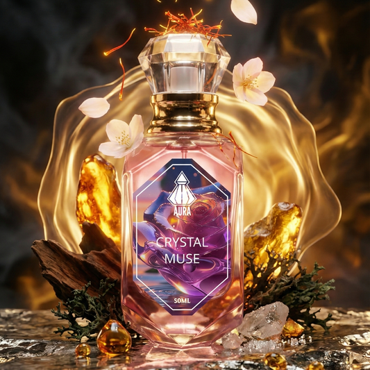 Perfume bottle labeled 'Crystal Muse' with decorative elements on a dark background