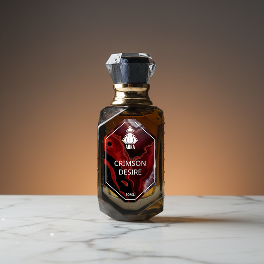 Bottle of 'Crimson Desire' on a marble surface with a gradient background