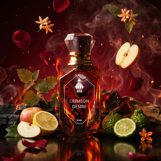 Bottle of 'Crimson Desire' with apples, lemons, and flowers on a dark background