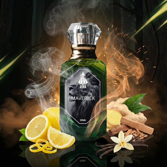 Bottle of 'Maverick' with lemons, cinnamon, and vanilla on a dark background