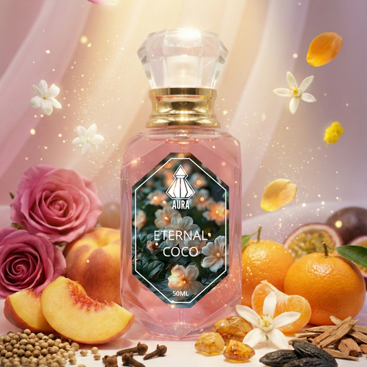 Eternal Coco perfume bottle with fruits, flowers, and spices on a soft pink background