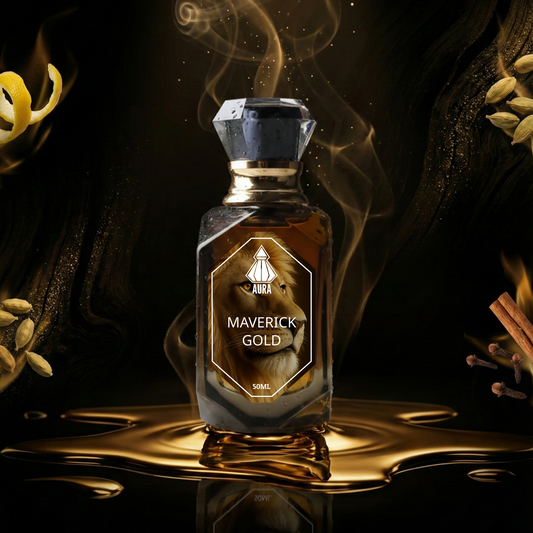 Maverick Gold perfume bottle with smoke and spices on a dark background